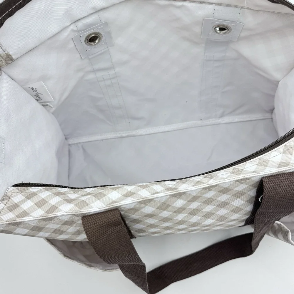 Thirty One 31 Zip Top Organizing Tote 7 Pocket Medium Taupe Brown Gingham Bag